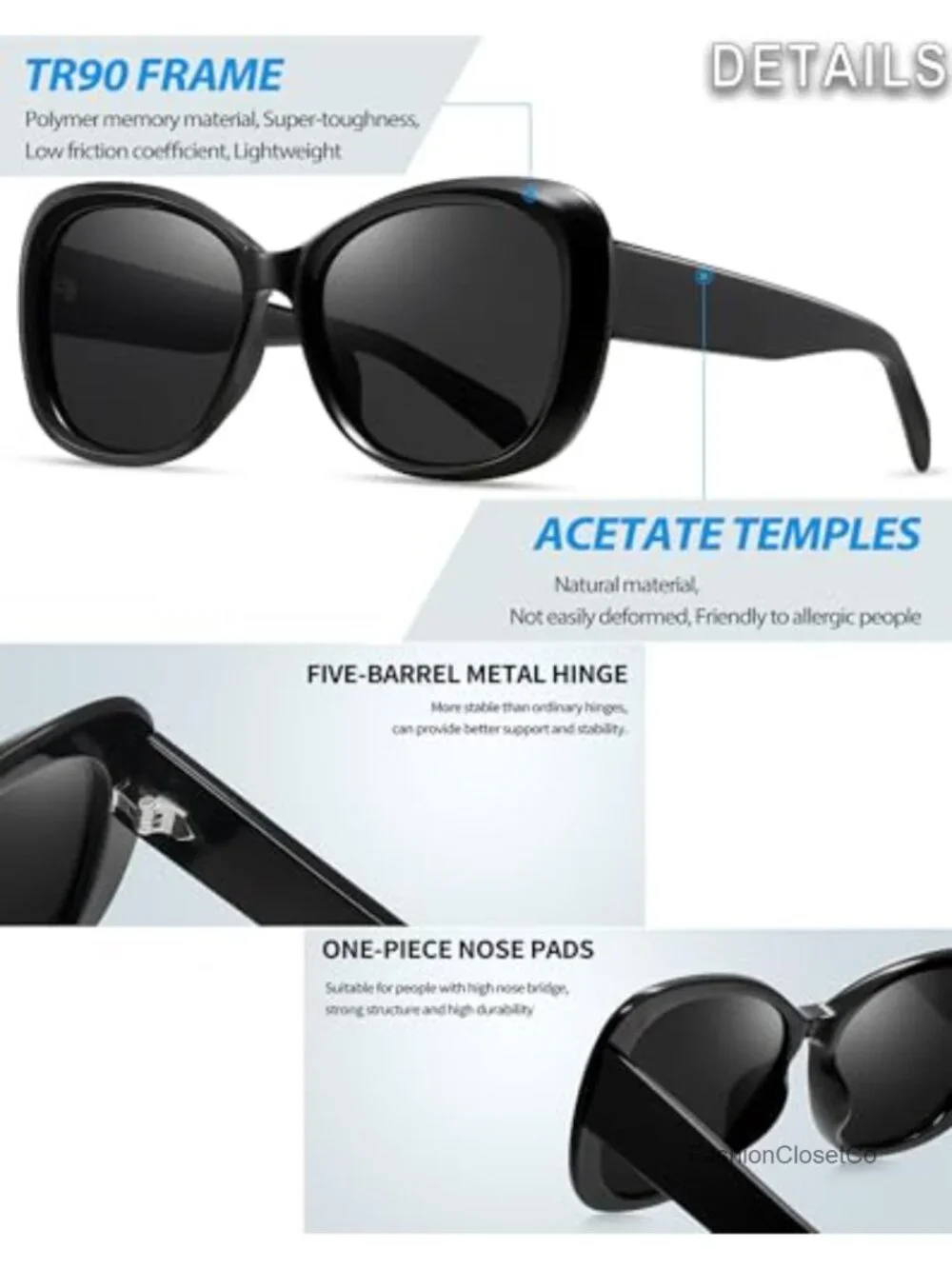 Oversized Butterfly Sunglasses with Polarized UV400 Lenses, Acetate Arms & TR90